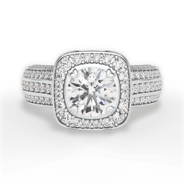 The Marisa Round Cut Platinum Masterwork Cushion Halo Triple Diamond Band Engagement Ring