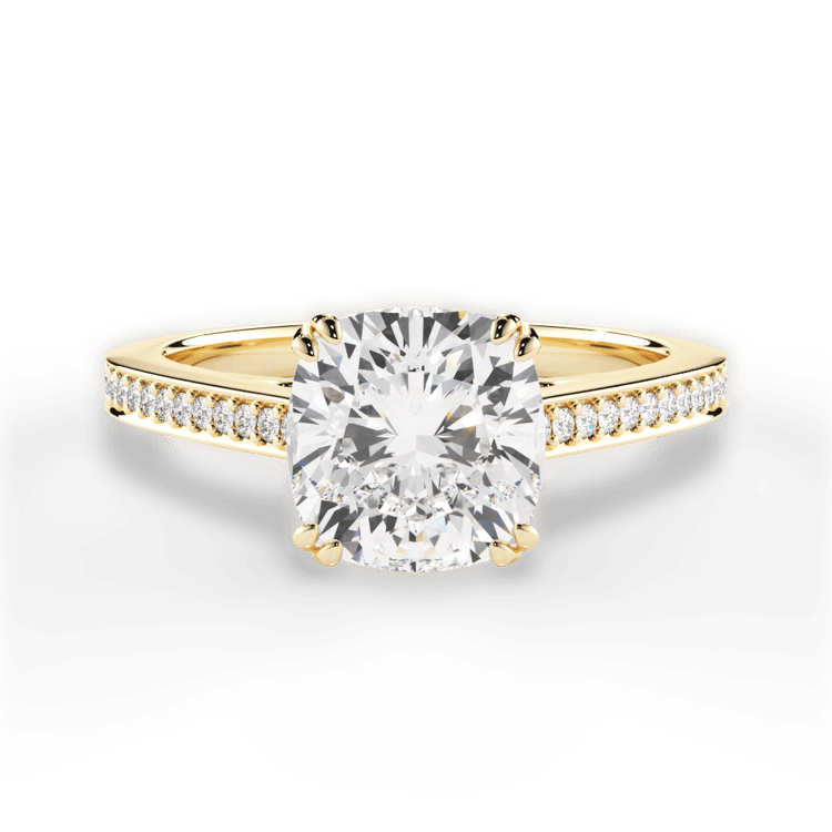 The Zahra Cushion Cut 18kt Yellow Gold Pavé Vaulted Diamond Engagement Ring