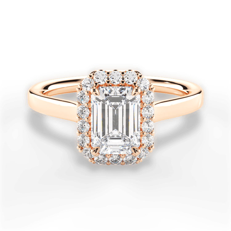 The Ivy Emerald Cut 18kt Rose Gold Plain Band French-Set Halo Engagement Ring