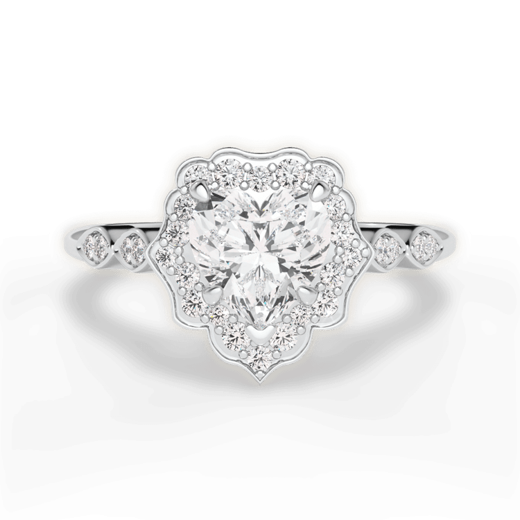 The Capri Heart Shaped Platinum Vintage Floral Halo Diamond Engagement Ring