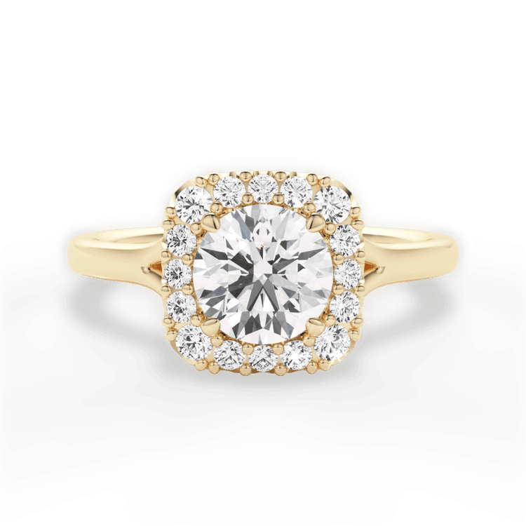The Celia Round Cut 18kt Yellow Gold Split Shank Halo Diamond Engagement Ring