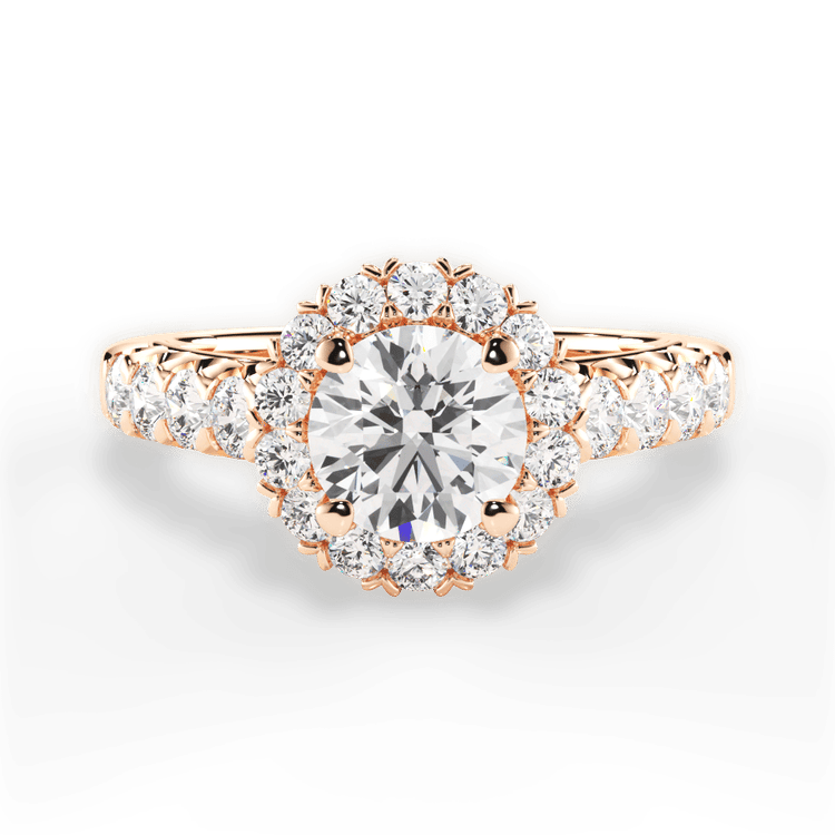 The Cesia Round Cut 18kt Rose Gold Masterwork Halo Diamond Band Engagement Ring