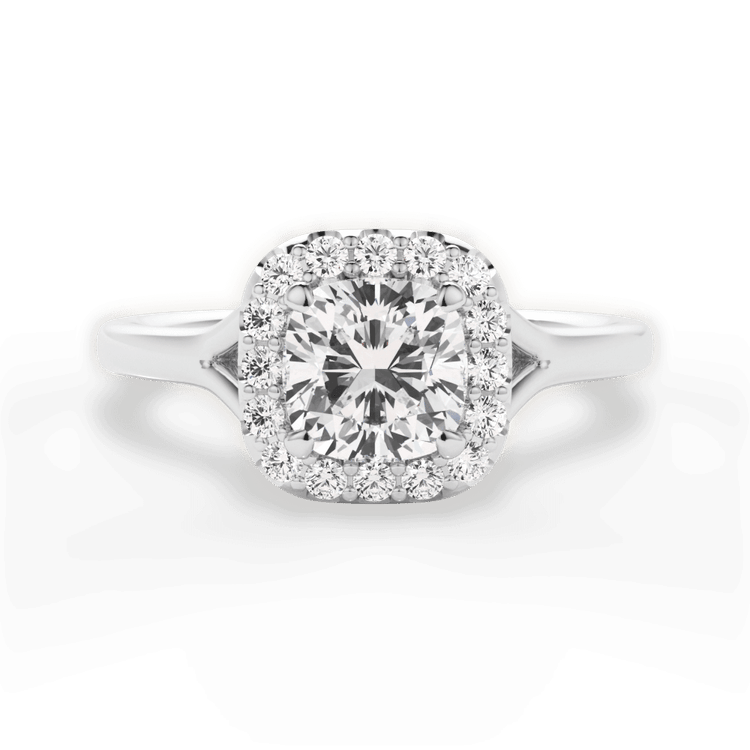 The Celia Cushion Cut Platinum Split Shank Halo Diamond Engagement Ring