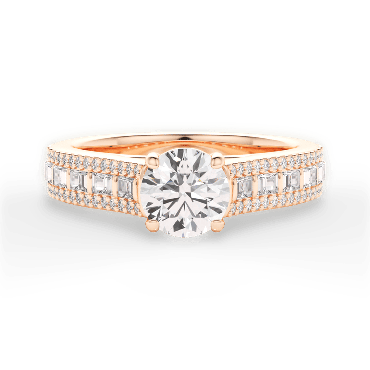 The Deni Round Cut 18kt Rose Gold Round & Baguette Diamond Engagement Ring