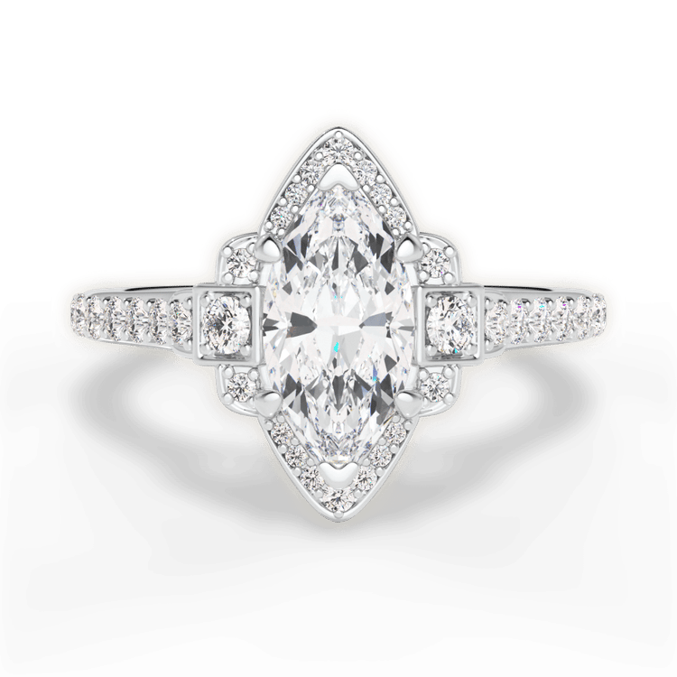 The Nota Marquise Cut Platinum Vintage Peony Halo Engagement Ring