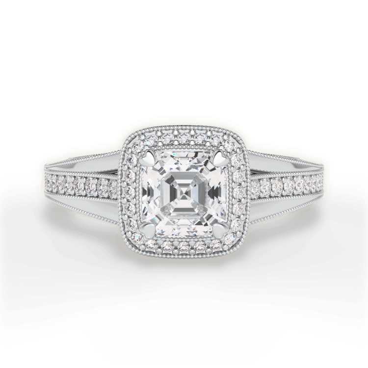 The Cecile Asscher Cut Platinum Masterwork Cushion Halo Vaulted Milgrain Diamond Engagement Ring