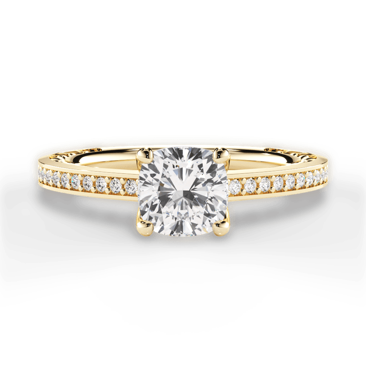 The Teisha Cushion Cut 18kt Yellow Gold Lattice Micropavé Diamond Band Engagement Ring