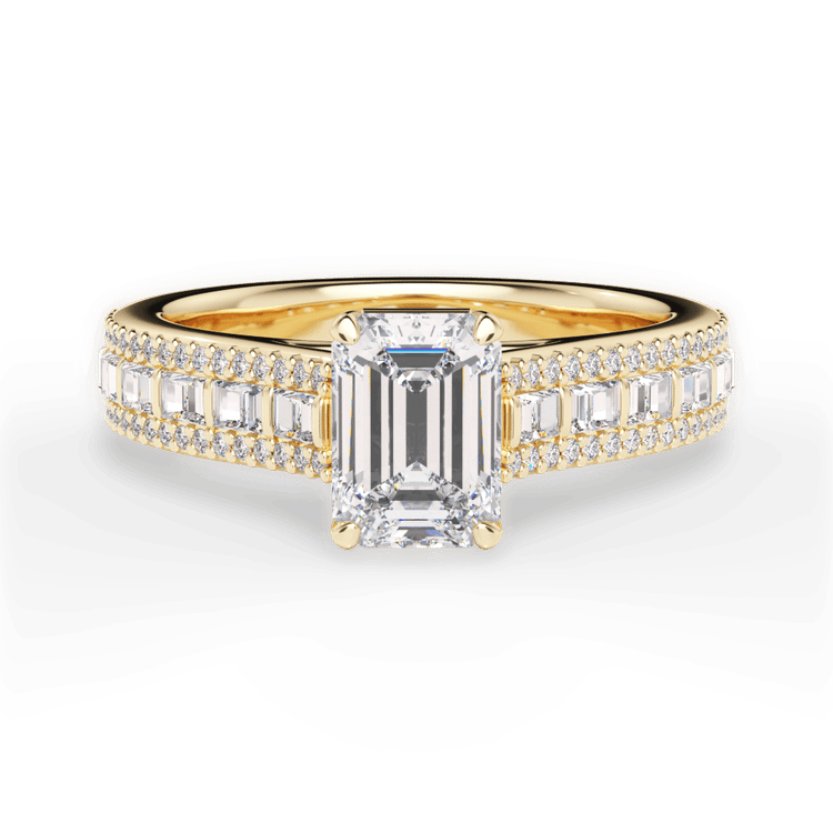 The Deni Emerald Cut 18kt Yellow Gold Round And Baguette Diamond Engagement Ring