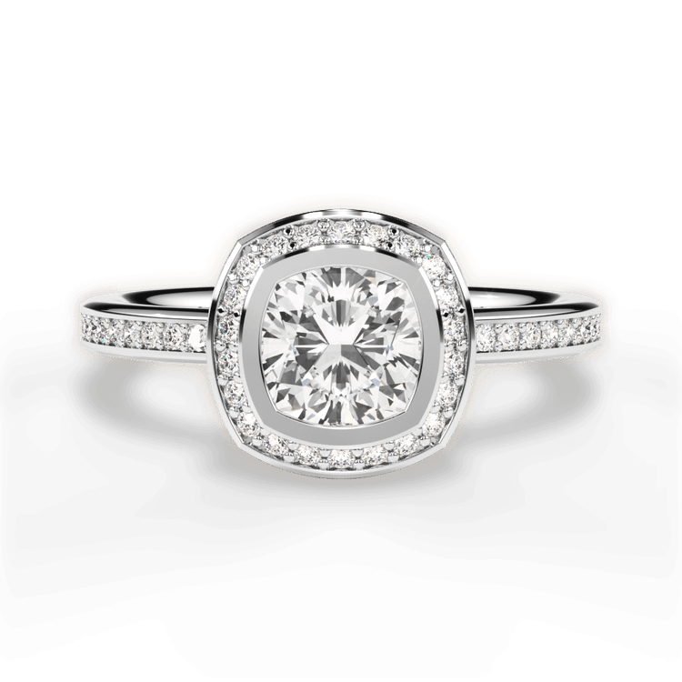 The Ritani Endless Love Cushion Cut Platinum Round Vintage Halo Micropavé Diamond Band Engagement Ring