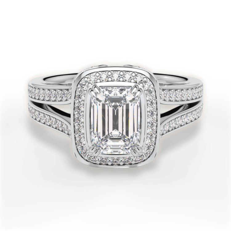 The Giulia Emerald Cut Platinum Masterwork Cushion Halo Diamond 'V' Band Engagement Ring