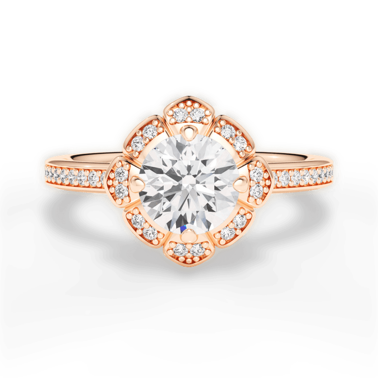 The Celeste Round Cut 18kt Rose Gold Petal Halo Diamond Engagement Ring
