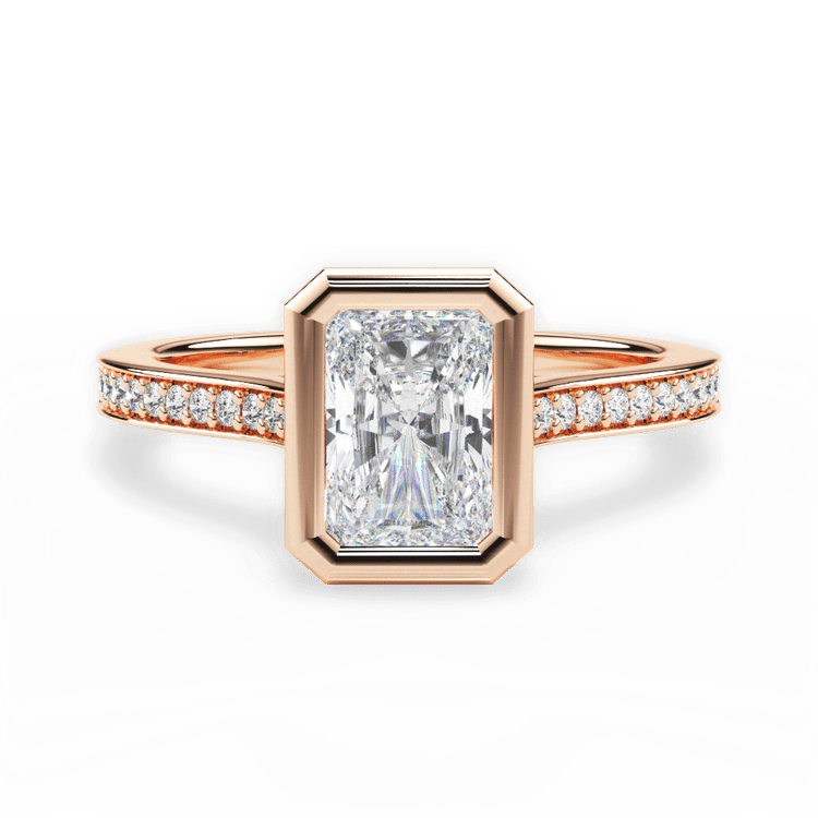 The Tyler Radiant Cut 18kt Rose Gold Bezel-Set Pavé Diamond Band Engagement Ring