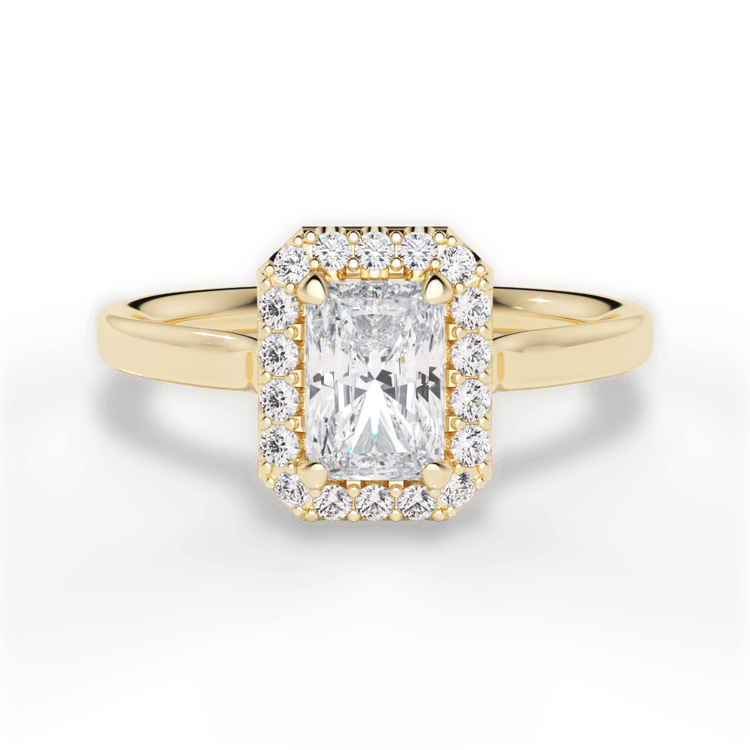 The Ivy Radiant Cut 18kt Yellow Gold Plain Band French-Set Halo Engagement Ring