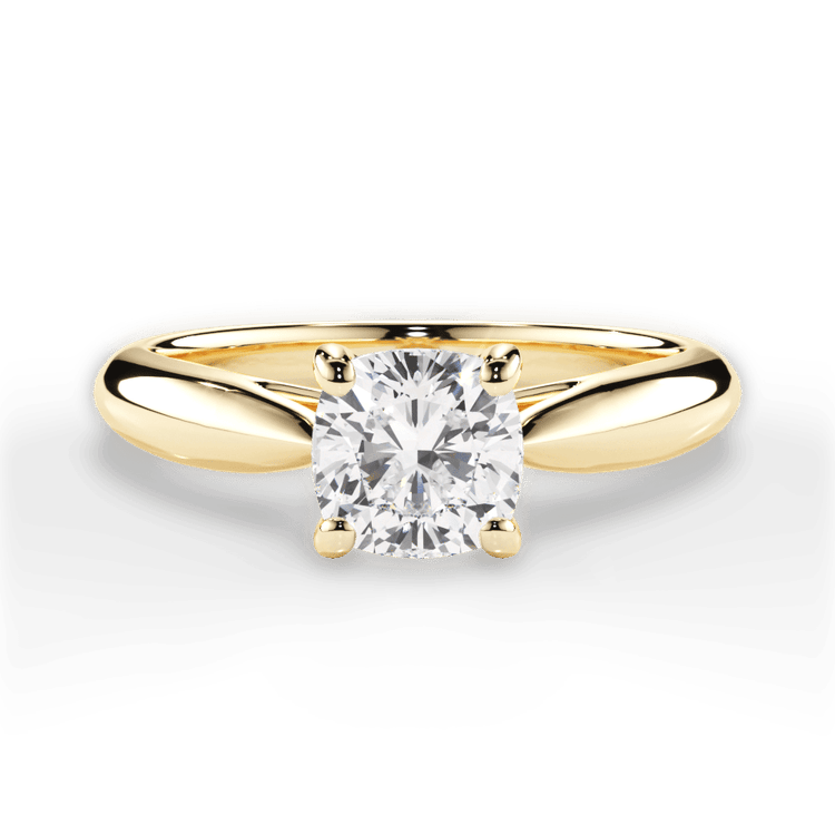 The Sadie Cushion Cut 18kt Yellow Gold Tapered Cathedral Solitaire Engagement Ring