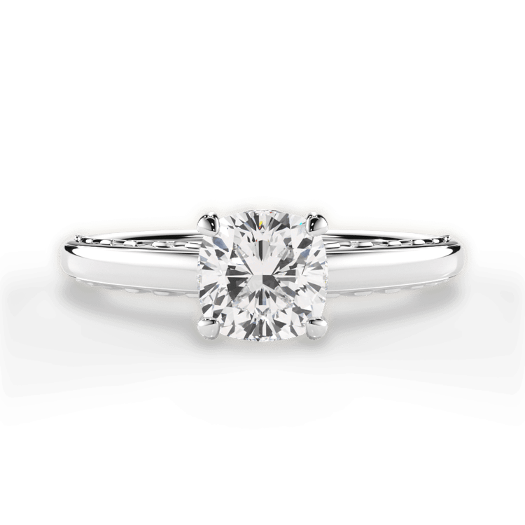 The Alessia Cushion Cut Platinum Engraved Solitaire Engagement Ring