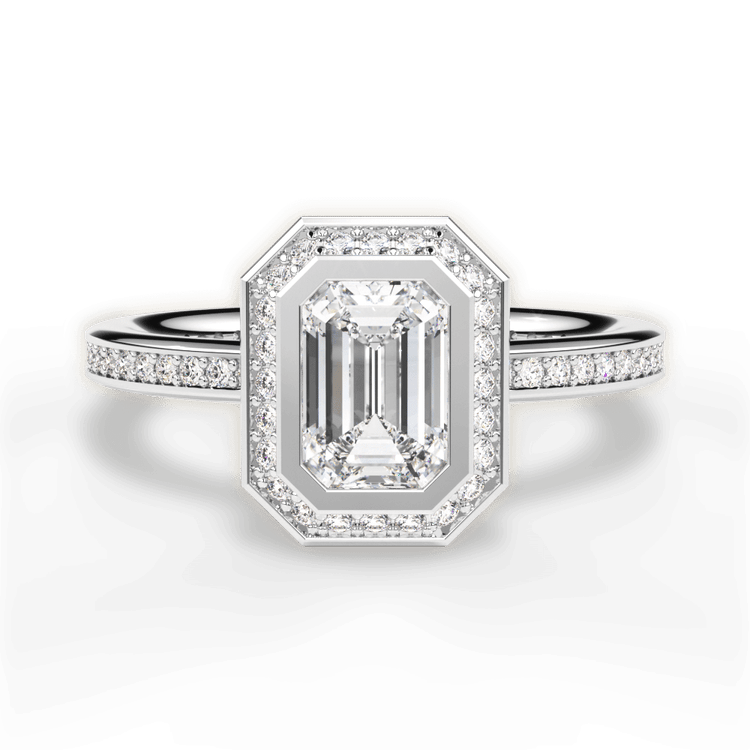 The Ritani Endless Love Emerald Cut Platinum Round Vintage Halo Micropavé Diamond Band Engagement Ring