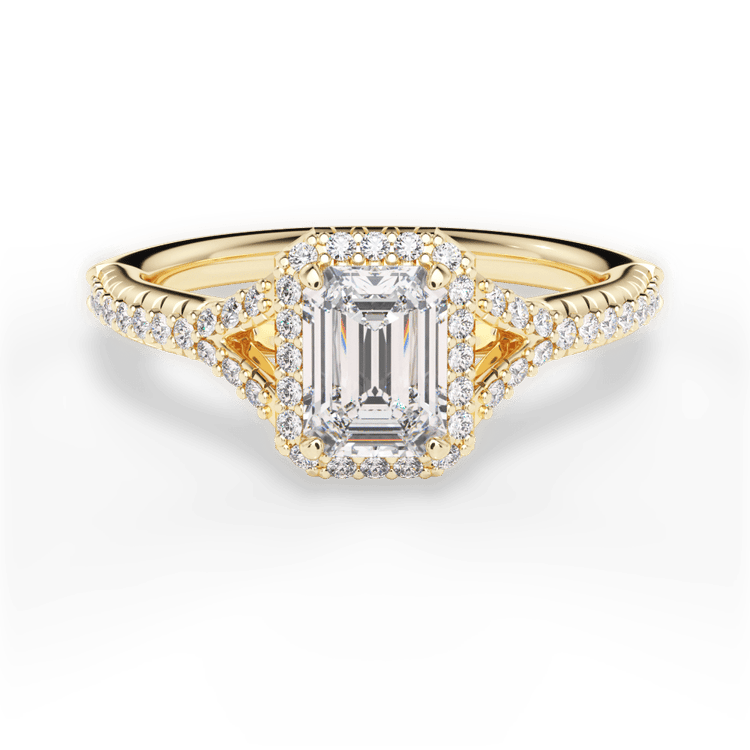 The Jordan Emerald Cut 18kt Yellow Gold Dainty 'V' Band Halo Engagement Ring