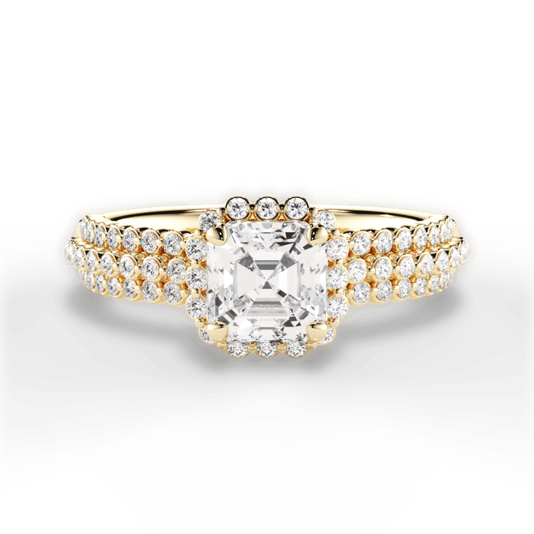 The Electra Asscher Cut 18kt Yellow Gold Three Row Graduating Diamond Halo Engagement Ring