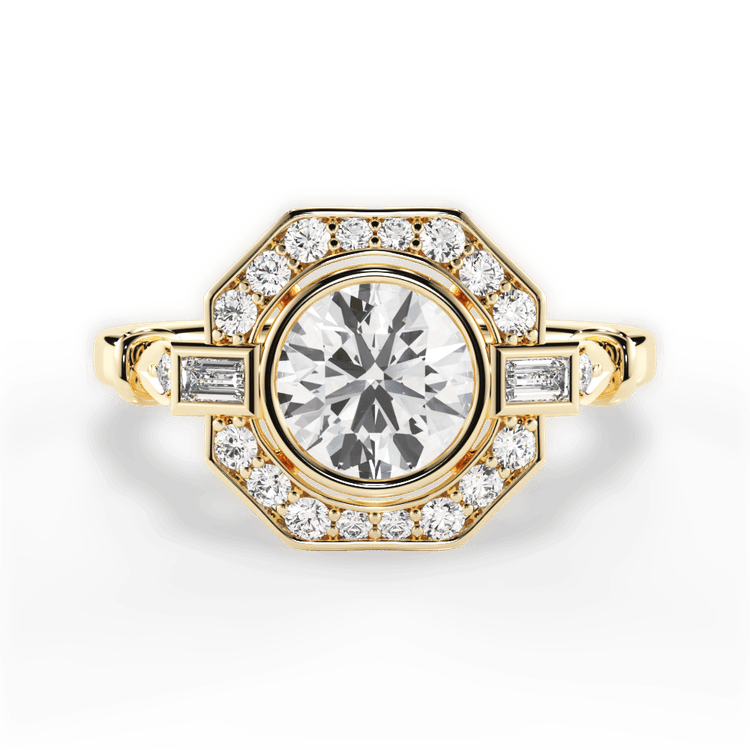 The Ayla Round Cut 18kt Yellow Gold Octagon Halo Diamond Engagement Ring