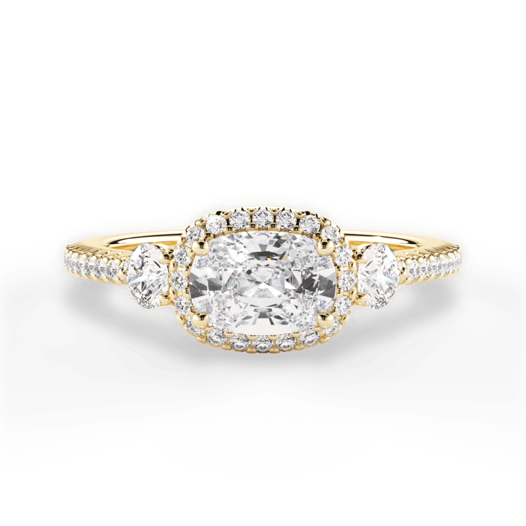 The Emelia Cushion Cut 18kt Yellow Gold East To West Three-Stone Halo Diamond Band Engagement Ring