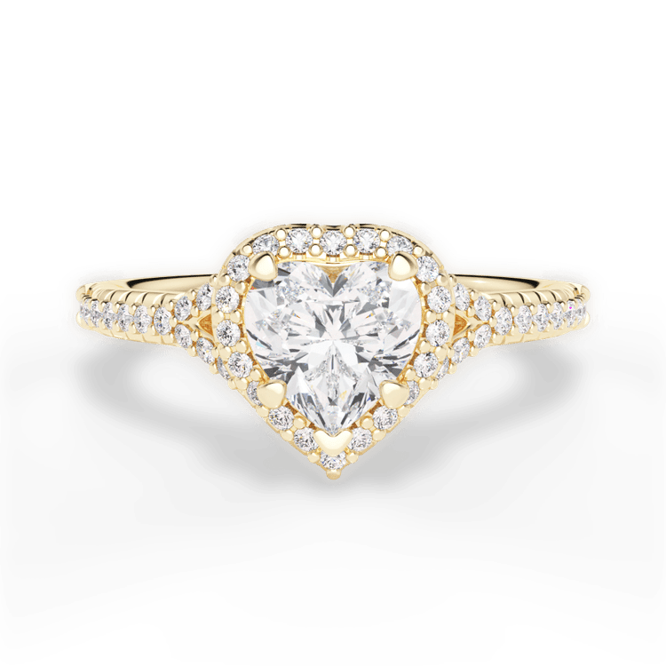 The Jordan Heart Shaped 18kt Yellow Gold Dainty 'V' Band Halo Engagement Ring