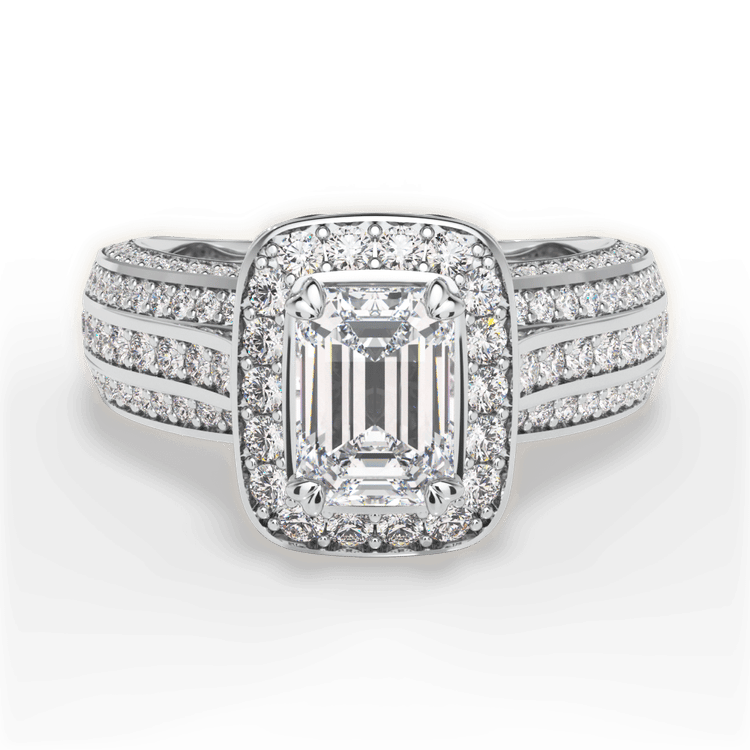 The Marisa Emerald Cut Platinum Masterwork Cushion Halo Triple Diamond Band Engagement Ring