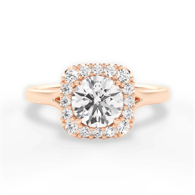 The Celia Round Cut 18kt Rose Gold Split Shank Halo Diamond Engagement Ring