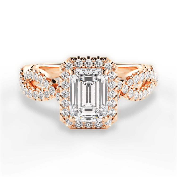 The Grace Emerald Cut 18kt Rose Gold Diamond Twist Halo Engagement Ring