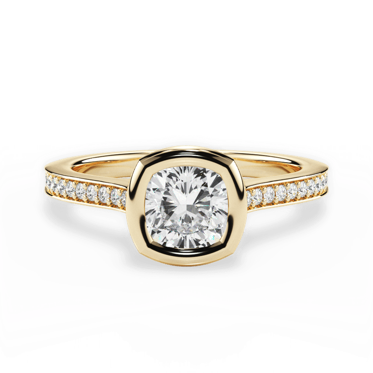 The Tyler Cushion Cut 18kt Yellow Gold Bezel-Set Pavé Diamond Band Engagement Ring