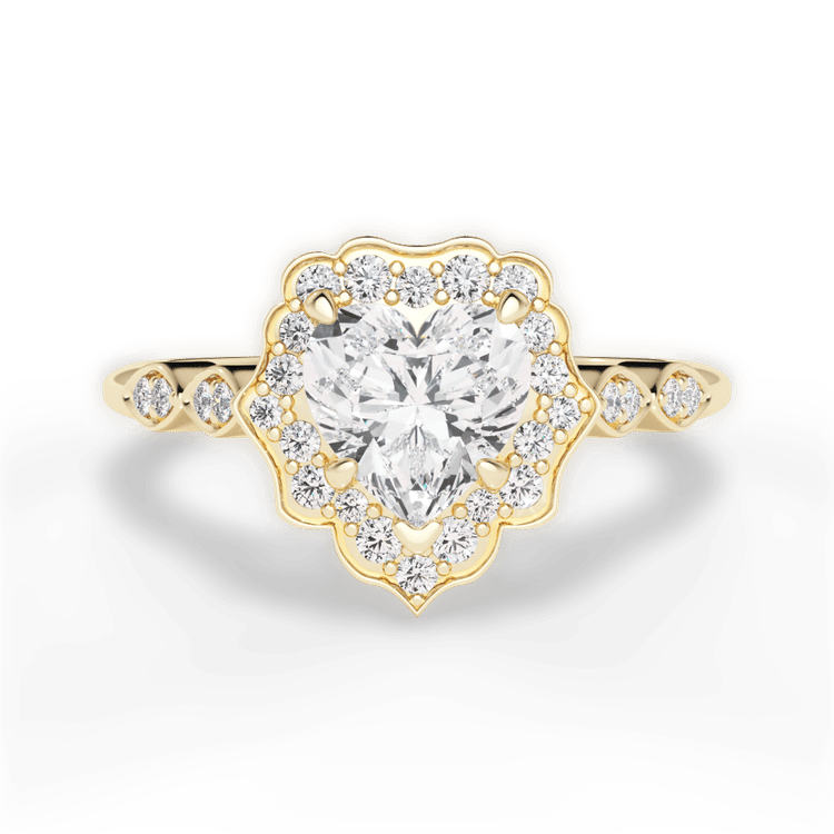 The Capri Heart Shaped 18kt Yellow Gold Vintage Floral Halo Diamond Engagement Ring