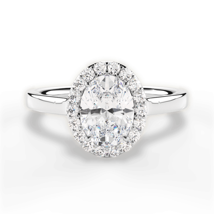 The Ivy Oval Cut Platinum Plain Band French-Set Halo Engagement Ring