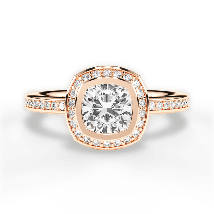 The Ritani Endless Love Cushion Cut 18kt Rose Gold Round Vintage Halo Micropavé Diamond Band Engagement Ring