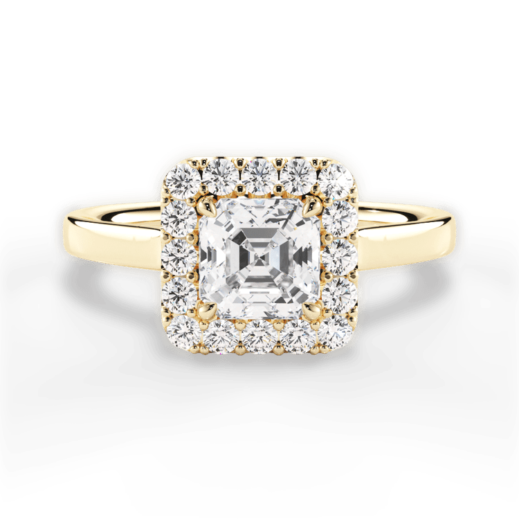 The Ivy Asscher Cut 18kt Yellow Gold Plain Band French-Set Halo Engagement Ring