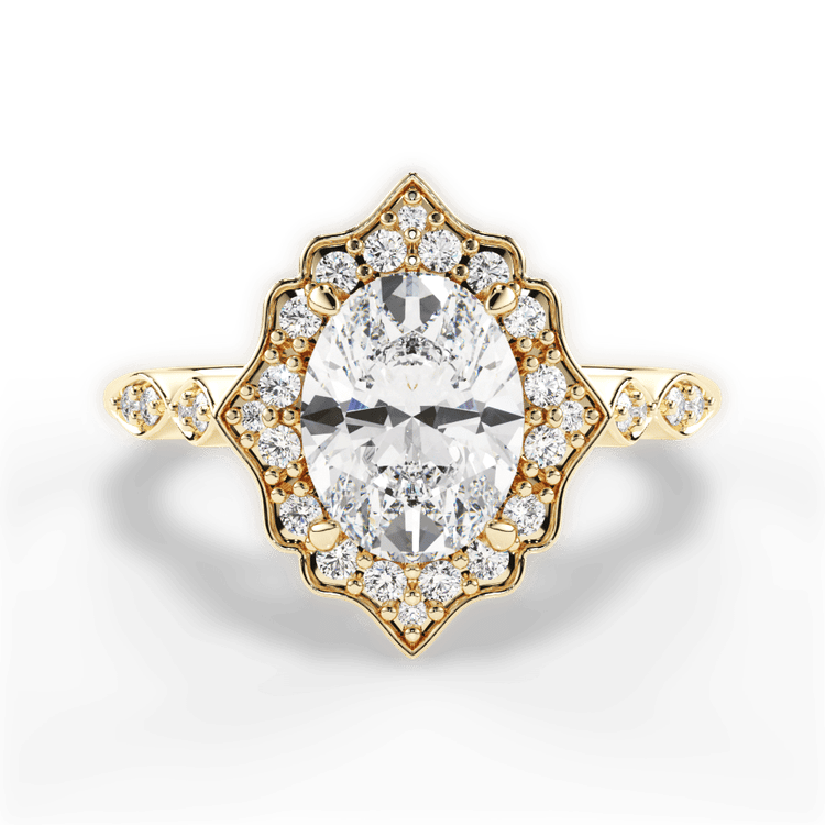 The Capri Oval Cut 18kt Yellow Gold Vintage Floral Halo Diamond Engagement Ring