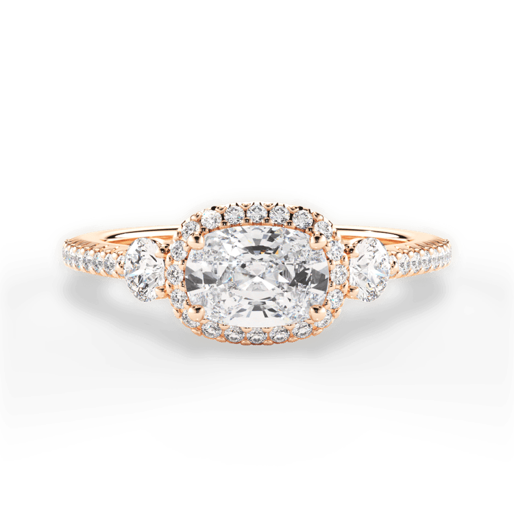 The Emelia Cushion Cut 18kt Rose Gold East To West Three-Stone Halo Diamond Band Engagement Ring
