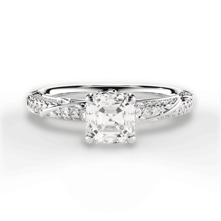 The Felicia Asscher Cut Platinum Three Row Diamond Vine Engagement Ring