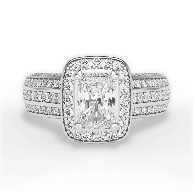 The Marisa Radiant Cut Platinum Masterwork Cushion Halo Triple Diamond Band Engagement Ring