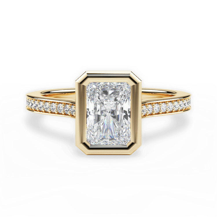 The Tyler Radiant Cut 18kt Yellow Gold Bezel-Set Pavé Diamond Band Engagement Ring