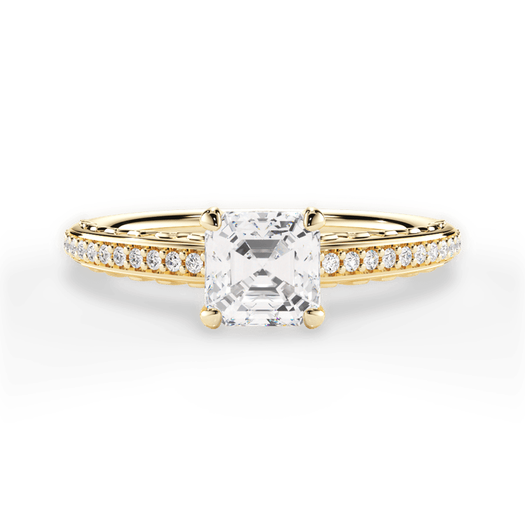 The Gio Asscher Cut 18kt Yellow Gold Engraved Diamond Engagement Ring