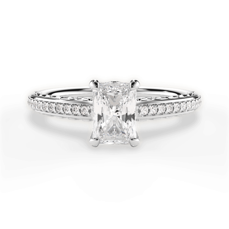 The Gio Radiant Cut Platinum Engraved Diamond Engagement Ring