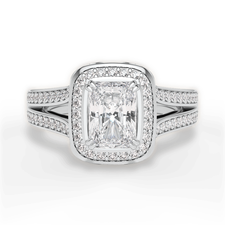 The Giulia Radiant Cut Platinum Masterwork Cushion Halo Diamond 'V' Band Engagement Ring