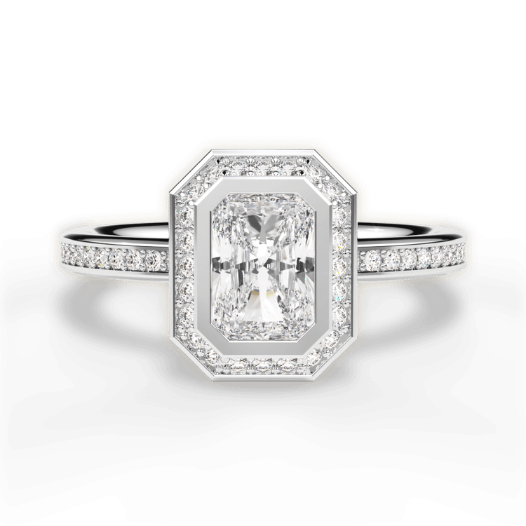 The Ritani Endless Love Radiant Cut Platinum Round Vintage Halo Micropavé Diamond Band Engagement Ring