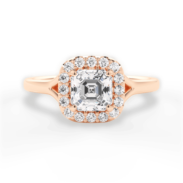 The Celia Asscher Cut 18kt Rose Gold Split Shank Halo Diamond Engagement Ring