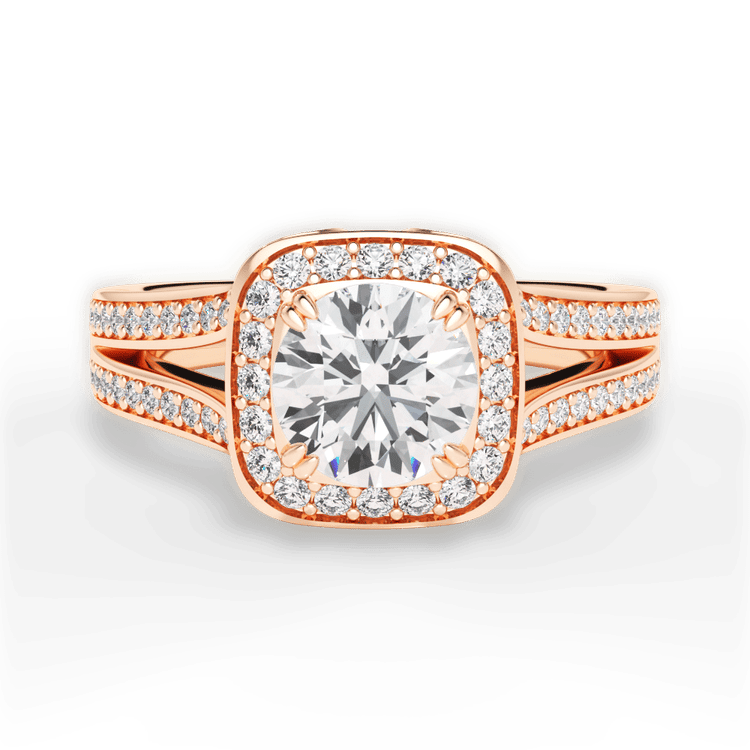 The Giulia Round Cut 18kt Rose Gold Masterwork Cushion Halo Diamond 'V' Band Engagement Ring