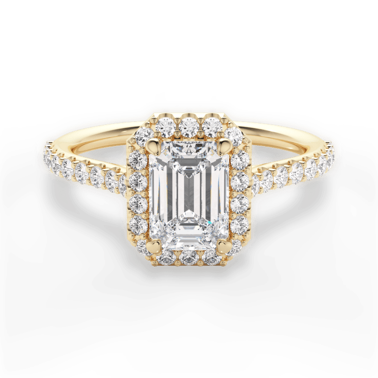 The Layla Emerald Cut 18kt Yellow Gold French-Set Halo Diamond Band Engagement Ring