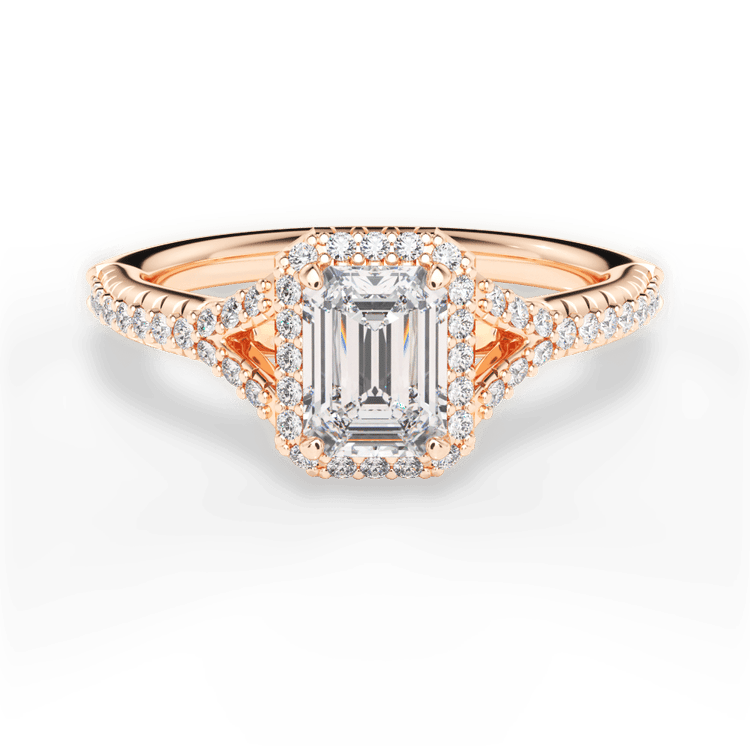 The Jordan Emerald Cut 18kt Rose Gold Dainty 'V' Band Halo Engagement Ring