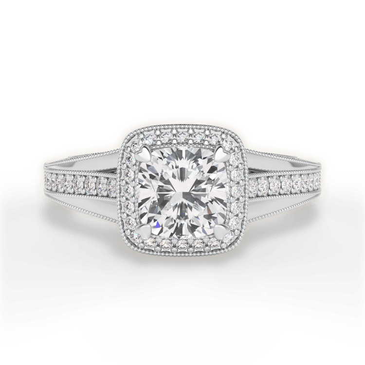 The Cecile Cushion Cut Platinum Masterwork Cushion Halo Vaulted Milgrain Diamond Engagement Ring