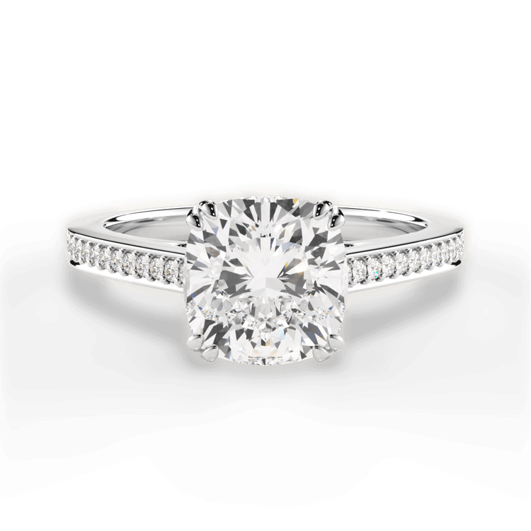 The Zahra Cushion Cut Platinum Pavé Vaulted Diamond Engagement Ring