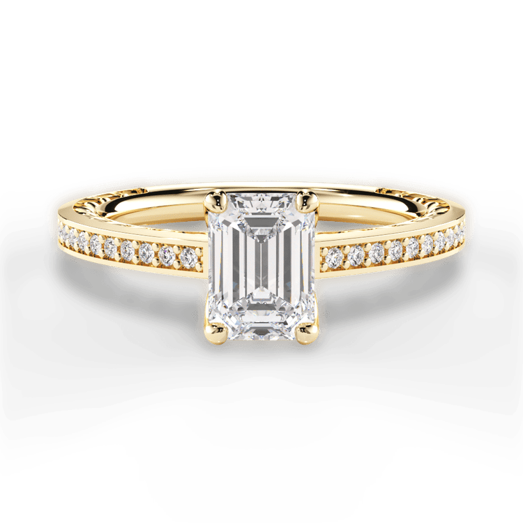 The Teisha Emerald Cut 18kt Yellow Gold Lattice Micropavé Diamond Band Engagement Ring