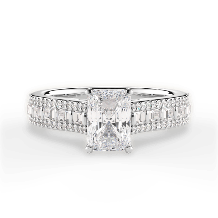 The Deni Radiant Cut Platinum Round & Baguette Diamond Engagement Ring